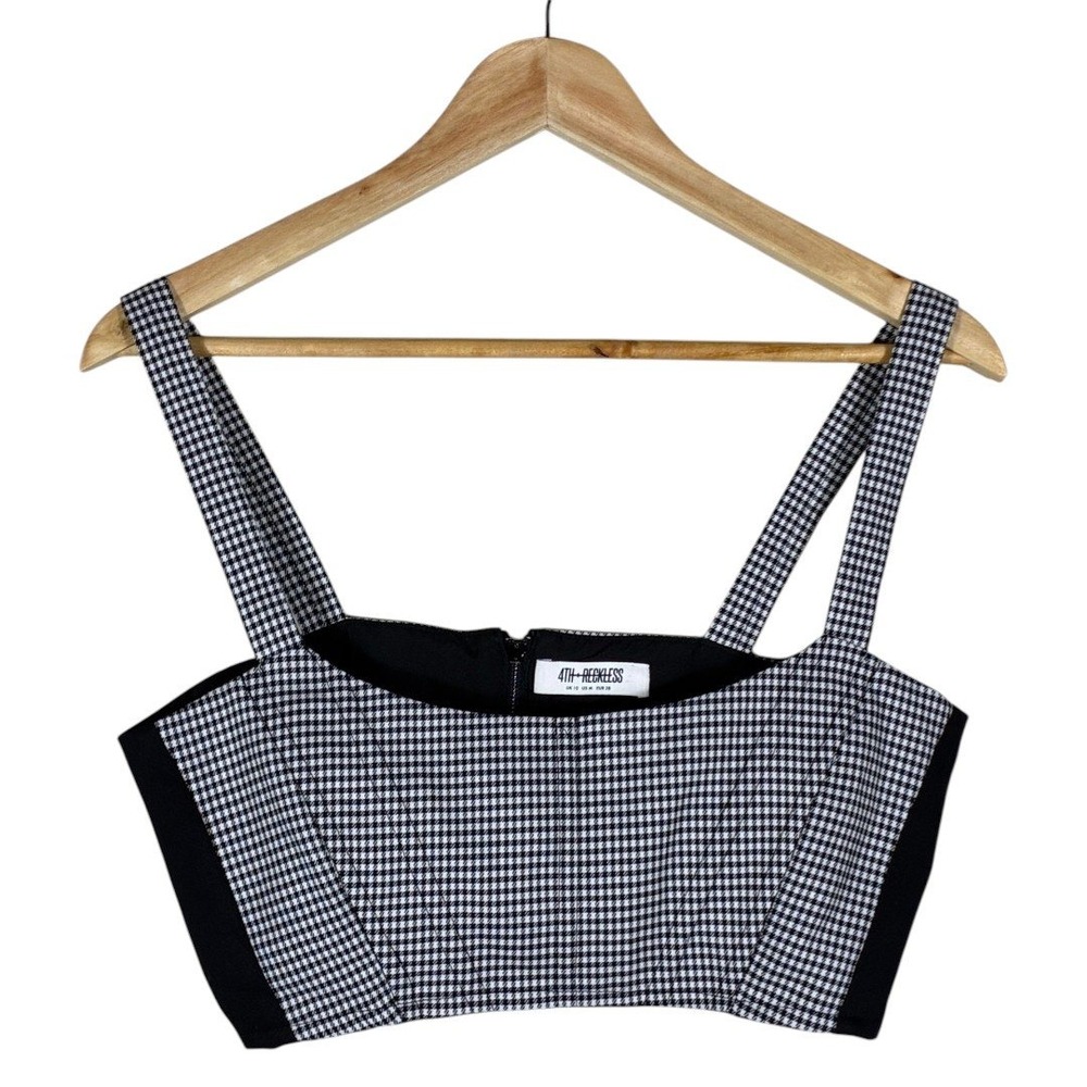 4th + Reckless Zip Front Houndstooth Crop Top Black White Going Out Chic Size M